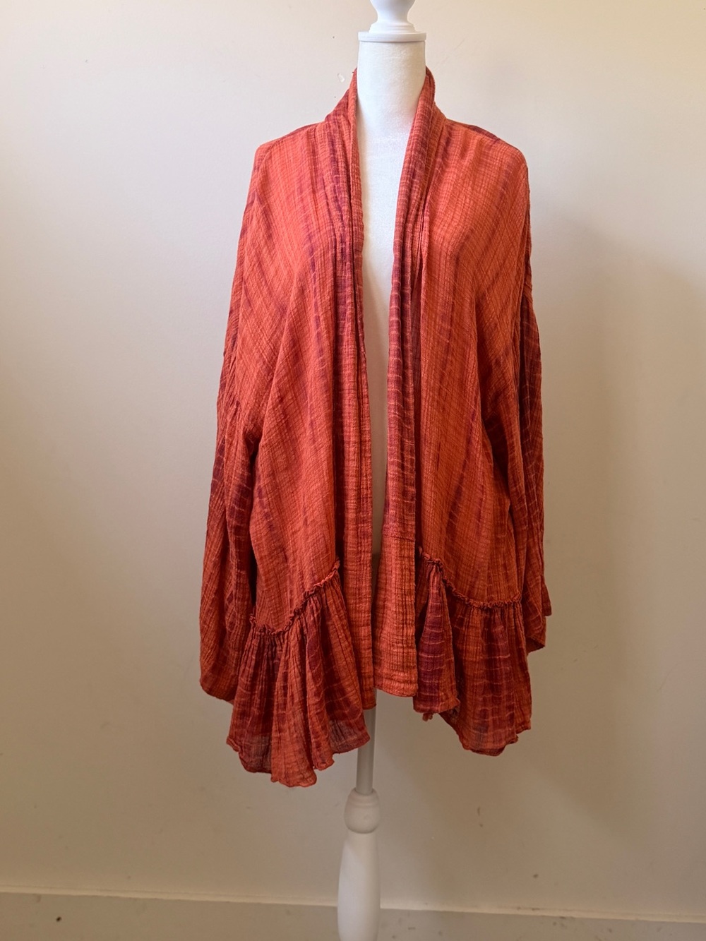 FREE PEOPLE BEACH Open-Front Ruffle Hem Jacket - Rust Orange